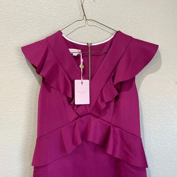 NWT TED BAKER Alair Ruffle Peplum Bodycon Dress Hot Pink Size 3 US Size 8 - Picture 4 of 10